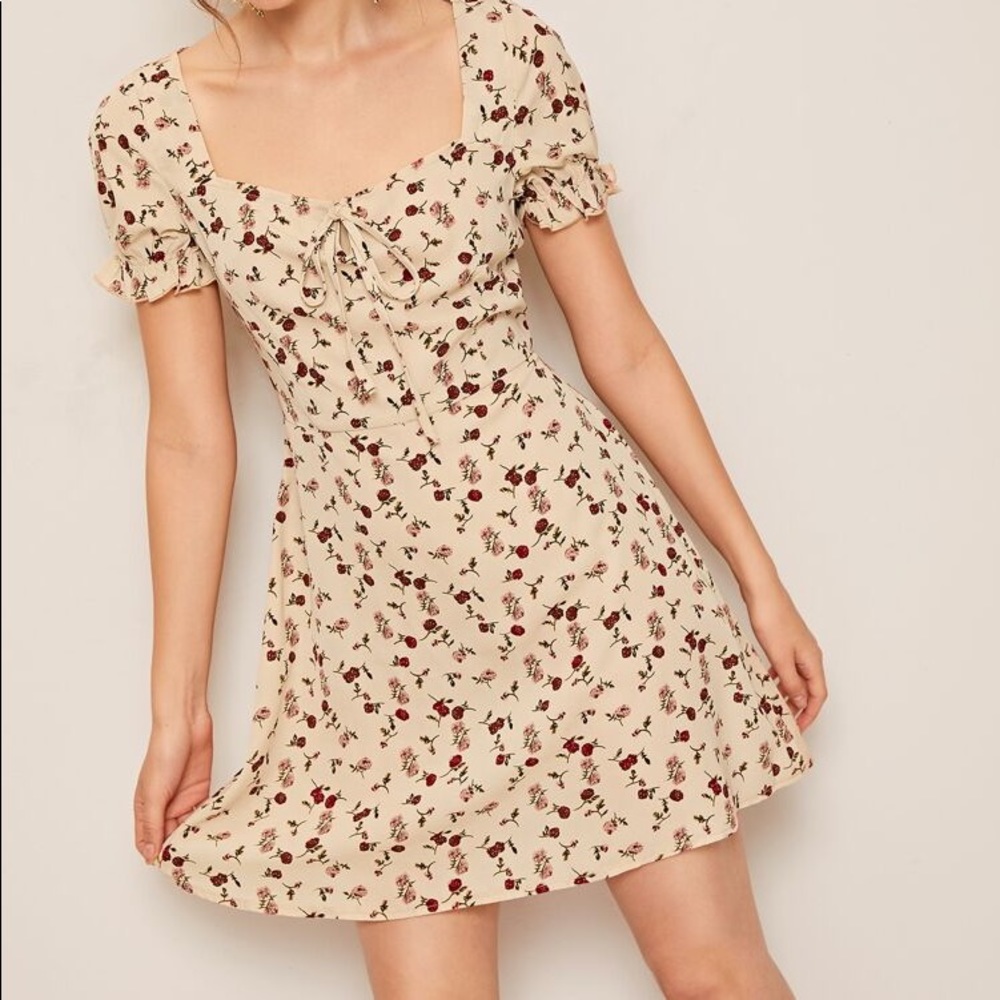 SHEIN Ditsy Rose Floral Print Ruffled Mini Dress